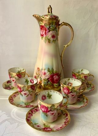 Gorgeous Imperial Austria Pink And Gold Cabbage Roses Chocolate Service For 5