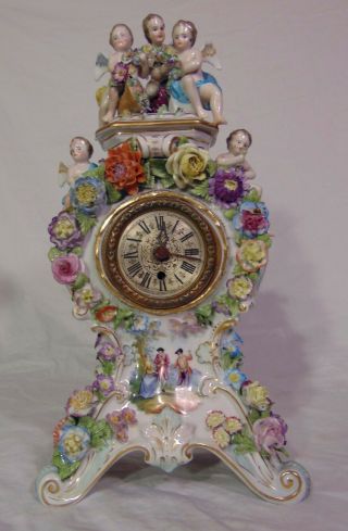 Large Antique Carl Thieme German Porcelain Figural Mantle Clock Cherubs Putti