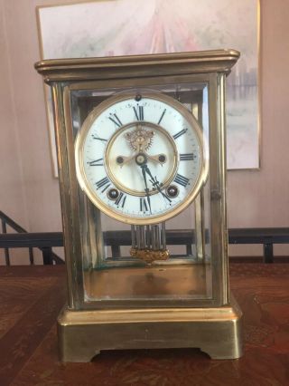 Rare Elegant Mantle Clock Ansonia Brass And Glass Mantle Clock