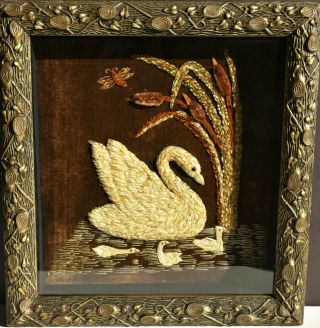 Antique 1860s Framed Silk Embroidery Swan/cygnets In Aesthetic Movement Frame