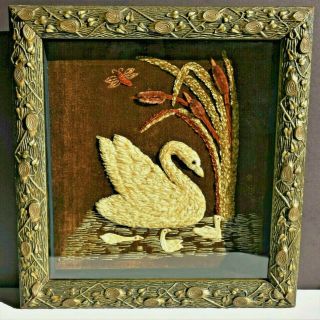 Antique 1860s Framed Silk Embroidery Swan/Cygnets in Aesthetic Movement Frame 2