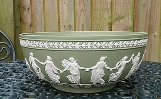 Vintage Wedgwood Green Jasperware Large Bowl With The Dancing Hours C1956
