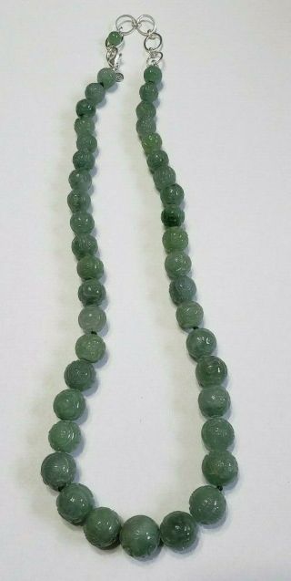 Vintage Carved Chinese Green Jadeite Jade Bead Necklace With Sterling Silver