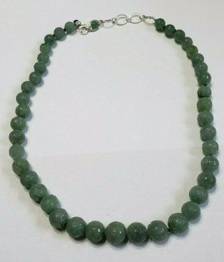 Vintage Carved Chinese Green Jadeite Jade Bead Necklace with Sterling Silver 2