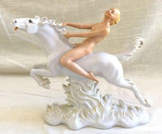 Antique Schau Bach Kunst Porcelain Figurine Art Deco Nude Woman On Horseback