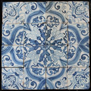 16 Portuguese Handpainted Antique Tiles From 17th Century Set 1