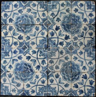 16 Portuguese Handpainted Antique Tiles From 17th Century Camellia Flower