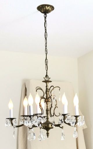Fabulous French Vintage Brass Chandelier Crystals 5 Arm 10 light Lighting 2