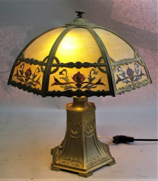 Gorgeous & Large American Art Nouveau Slag Glass Lamp C.  1910 Antique Leaded