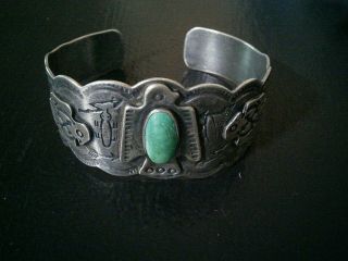Fred Harvey Era Vintage Navajo Thunderbird Turquoise Cuff Bracelet Sterling