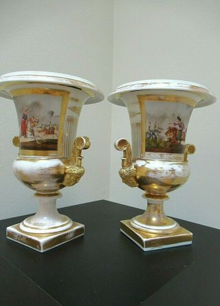 Pair Antique 19 C.  Sevres Style French Old Paris Porcelain Hp Urns Battle Scene