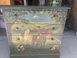 Vintage Hand Painted Equestrian 4 Drawer Chest
