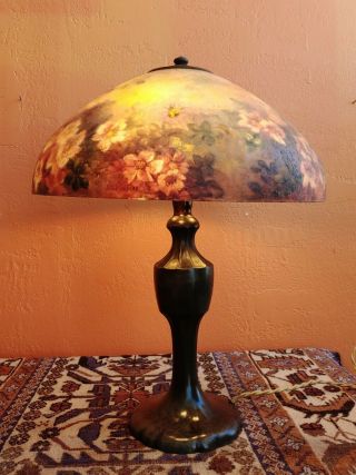 Antique Handel Lamp With Reverse Painted Flowers And Butterflies Shade 6688