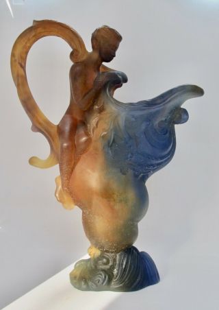 Daum France Pate De Verre Amber And Blue Crystal Vase Pitch Woman And Fish