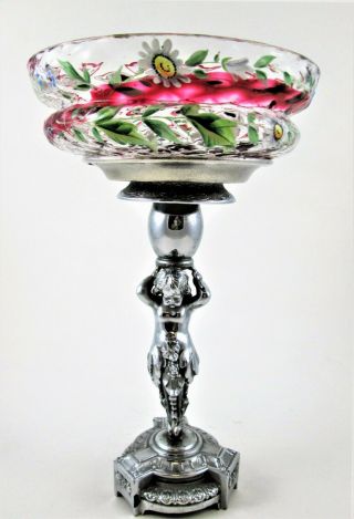 Cherub Pedestal Brides Bowl Basket - Cranberry Swirl & Enamel Floral - Victorian
