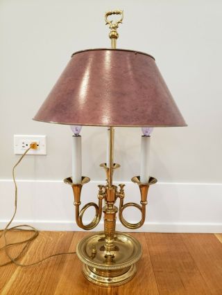 Read Vtg French Solid Brass Desk Table Lamp Triple Horn Bouillotte Metal Shade