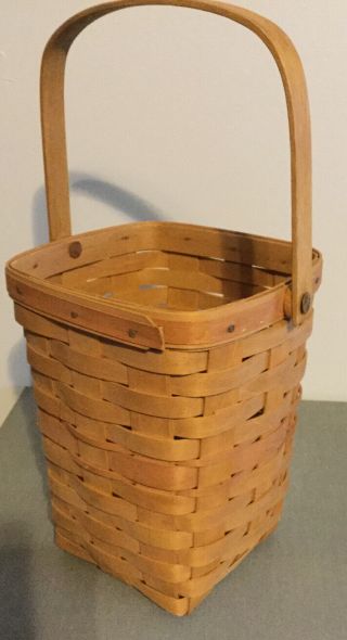 Vintage 9” Tall 1987 Longaberger Handmade Wooden Basket With Handle & Band