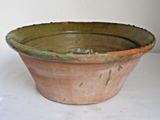 Antique Large French Handmade Pottery Bowl Green Interior Glaze 18 " Diameter