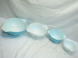 Vintage Pyrex Set Of 4 Nesting Cinderella Aqua Blue Amish Butterprint Bowls