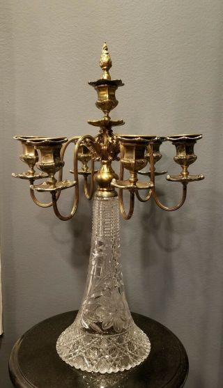 Antique Cut Crystal And Gilt Bronze 7 Lights Heavy Candelabra 25 " Exquisite