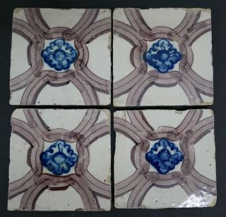 Antique Portuguese Tiles - Set Of 4 Floral Blue Flower