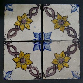 Set Of 4 Antique Portuguese Tiles - Floral