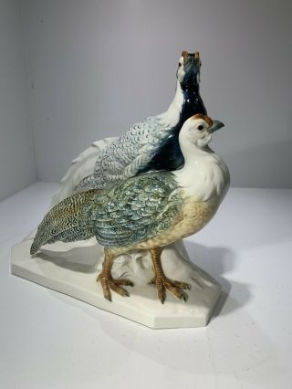Vintage Porcelain Game Cock Pheasant Bird Signed Blue White Large Two Piece