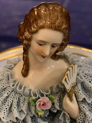 Dresden Fine Porcelain Blue Ruffled Lace Lady on a Sofa Figurine - Germany EUC 3