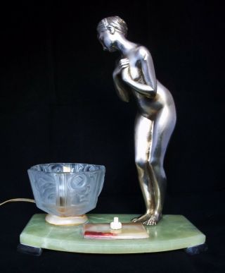 Vintage Art Deco " Erotic Lady " Bronze Sculpture And Onyx Table Lamp 1930 