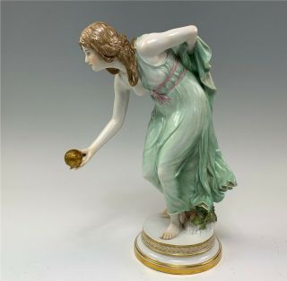 Antique Meissen Figurine,  Art Nouveau Woman W/ Golden Ball Lawn Bowling Q 1806
