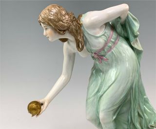 Antique Meissen Figurine,  Art Nouveau Woman w/ Golden Ball Lawn Bowling Q 1806 3