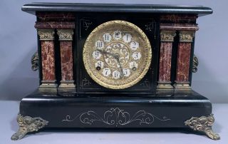 19thc Antique Gothic Victorian Sessions Painted Wood Faux Marble Mantel Clock