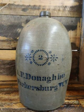 A.  P.  Donaghho 2 Gallon Blue Cobalt Decorated Stoneware Jug.  Difficult To Find