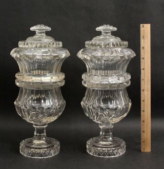 Rare Pr Large Antique French Baccarat Heavy Cut Crystal Glass Covered Urn Jars