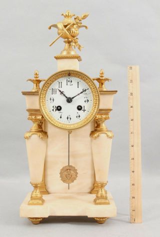Antique 19thc French White Marble & Gilt Bronze Portico Mantle Clock,  Urn Finial