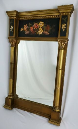 Antique Federal Gilt Carved Trumeau Mirror Hand Painted Floral Vintage 39 " X 25 "