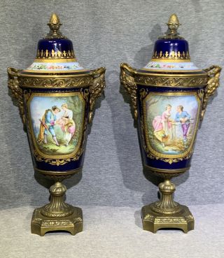 Pair Sevres France Porcelain Lidded Urns Cobalt Blue Signed 19th Century