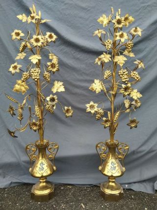 Victorian Pair 2 Antique Bronze Urn Flower Altar French Church Religious 44 "