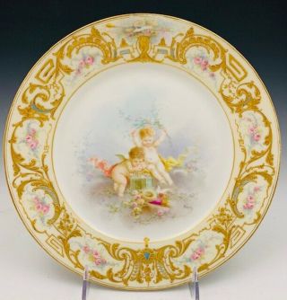 19th C French Sevres Cabinet Plate Jeweled Gilded Cherubs & Roses 9.  5in Cupids