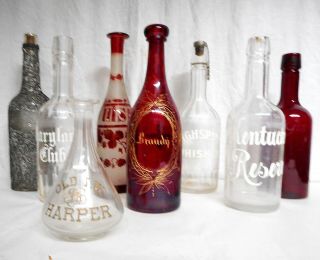 Group Of 8 Antique Bar Back Bottles Enameled On Clear Glass,  Ruby Glass.  More