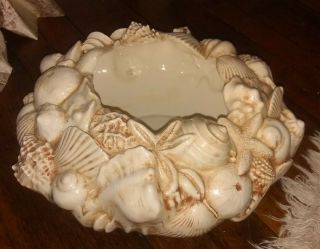 Vintage Round Tan Ivory Ceramic Pottery Seashells Planter