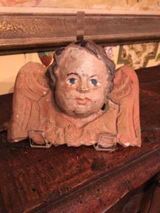 Antique French 17th Century Angel Carved Wood Cherub Hand Painted 4 " Tall