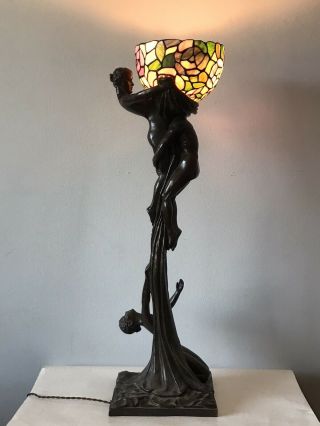 Vintage Gustav Gurschner (1873 - 1970) Tiffany Style Bronze Art Nouveau Nude Lamp