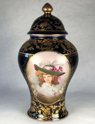 Antique French Porcelain Cobalt & Raises Gilt Hand Painted Portrait Urn 1820s