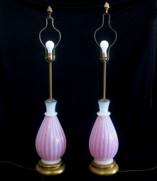 Stunning Vintage Archimede Seguso Murano Italian Glass Pink White Lamps