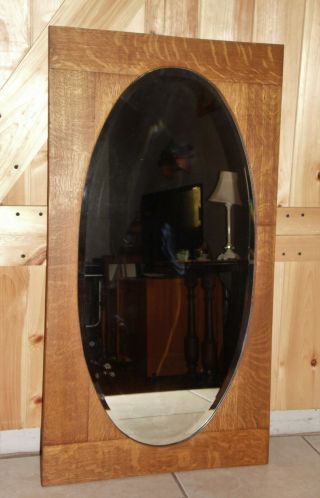 Large Antique Arts & Crafts Mission Solid Oak Square Framed Oval Beveled Mirror