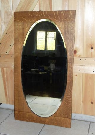 Large Antique Arts & Crafts Mission Solid Oak Square Framed Oval Beveled Mirror 2