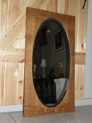 Large Antique Arts & Crafts Mission Solid Oak Square Framed Oval Beveled Mirror 3