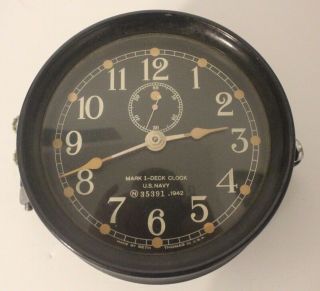 Running W/ Key - Vintage Wwii U.  S.  Navy Mark I Deck Clock Seth Thomas Usn 1942