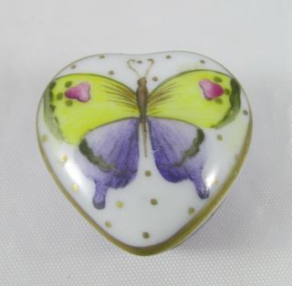 Vintage Hand Painted Hungary Porcelain Heart Shaped Trinket Box W/butterfly